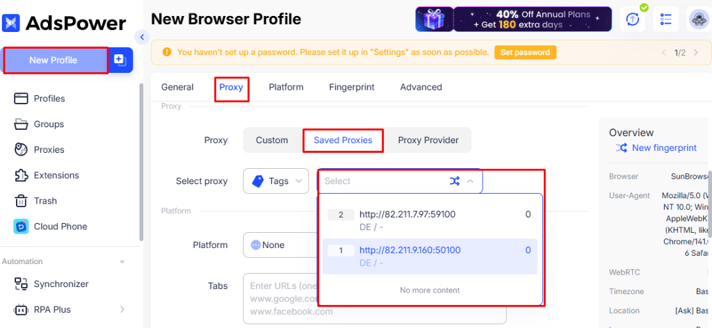 Step 4. Select an IP from the pool when creating a profile